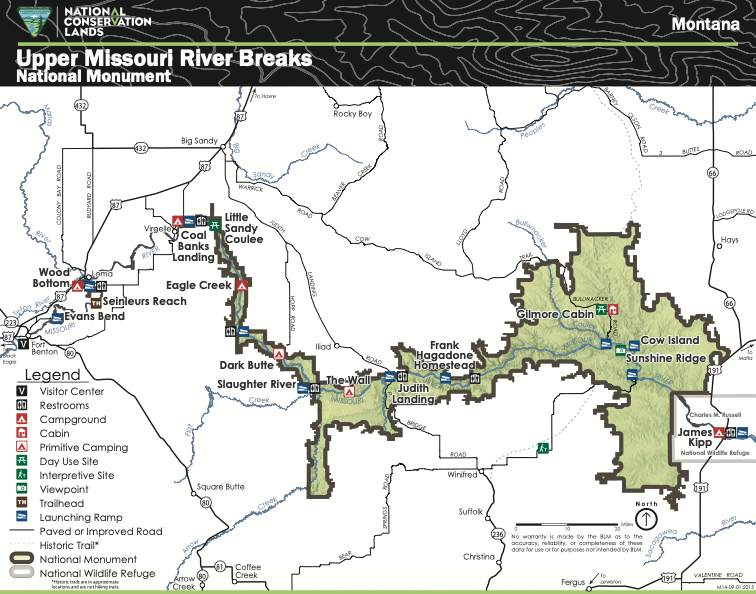 Official BLM map of the Upper Missouri River Breaks National Monument showing Coal Banks Landing, Judith Landing, roads, camps, river access points, and the monument boundary.
